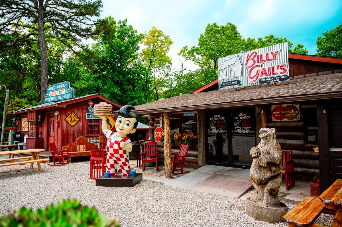 The Billy Gail's restaurant exterior with its pancake-boy statue