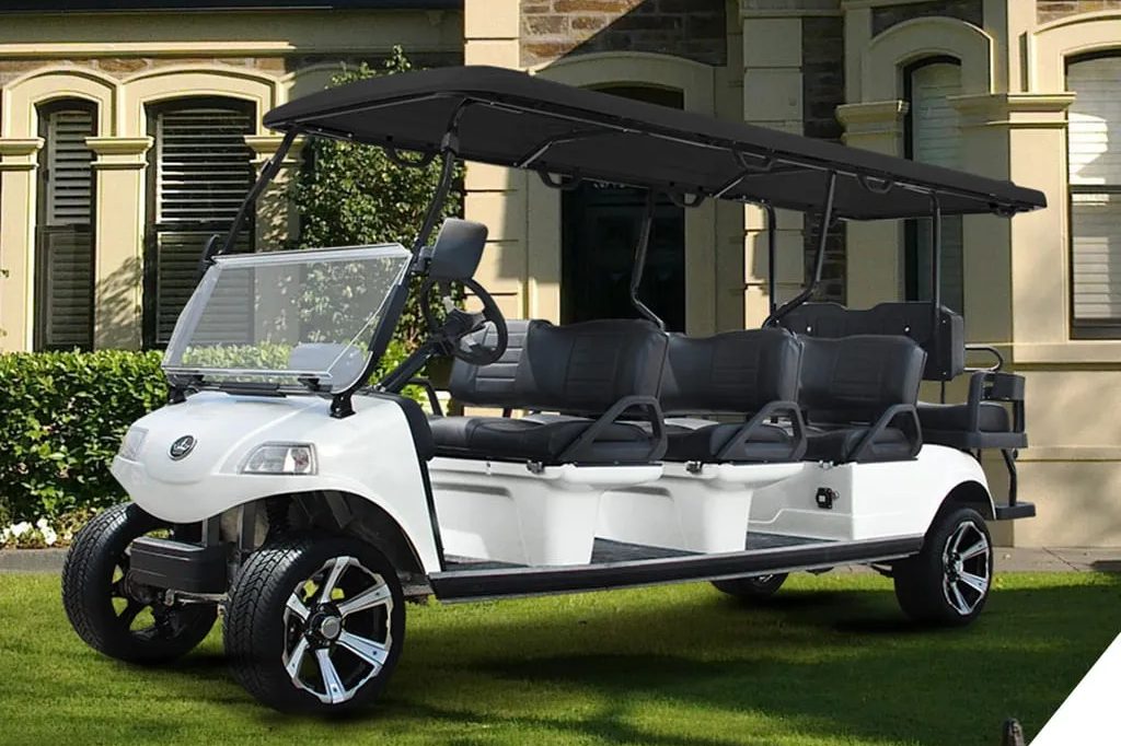 A six-seat golf cart from Horsin Around Golf Cars