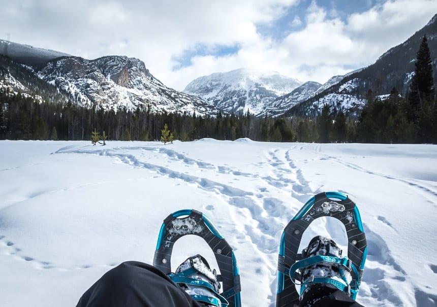 Snowshoes on a winter trail near Grand Lake