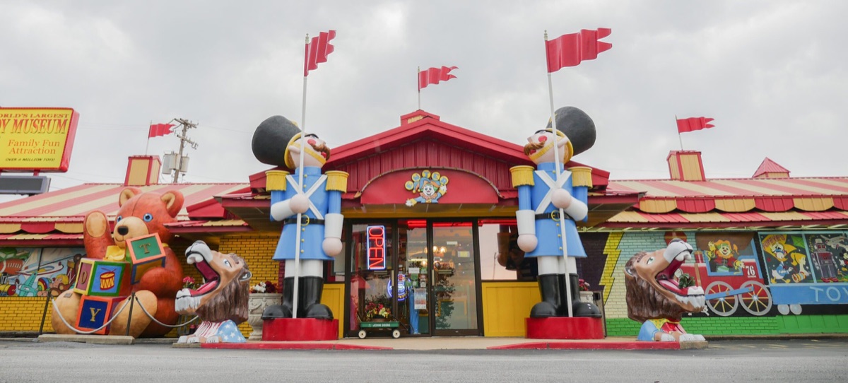 World's Largest Toy Museum storefront with toy soldier statues